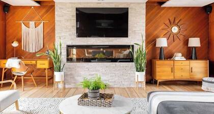 Mid Century Modern Getaway with secluded hot tub and fire pit.