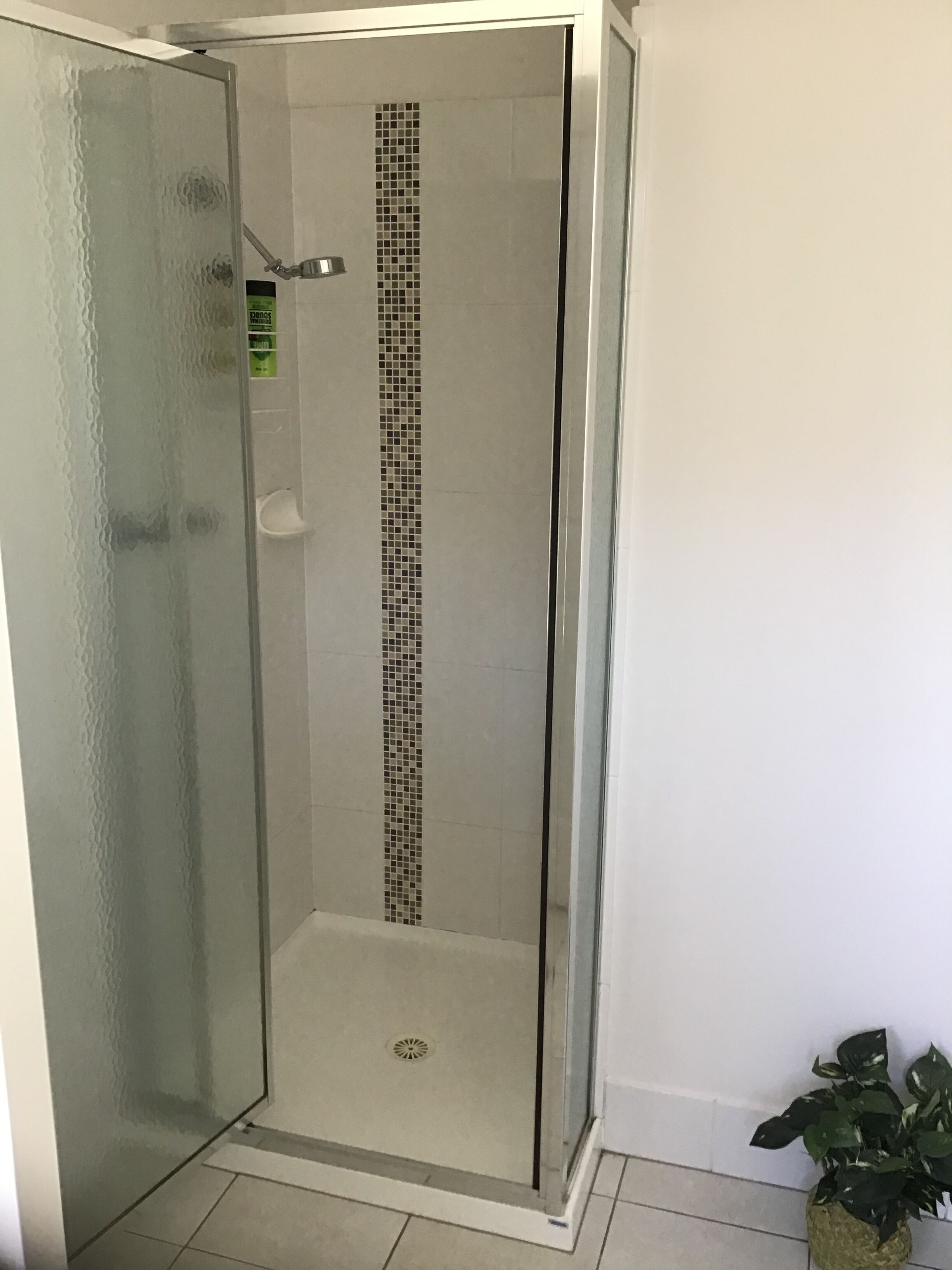 Combined shower/bathtub, hair dryer, towels, shampoo