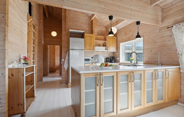 Fridge, stovetop, dishwasher, coffee/tea maker