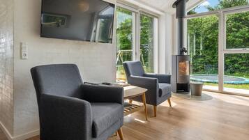Televisión, chimenea, futbolito y tenis de mesa