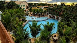 A large outdoor swimming pool surrounded by palm trees and lounge chairs, with a view of houses and a cloudy sky. - Lacqua diRoma Hotel e Parque Aquático (Caldas Novas)