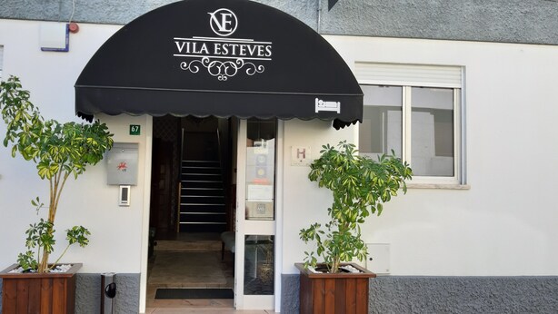 The entrance to Vila Esteves hotel with a black awning, a staircase leading inside, and two potted plants on either side. - Hotel Vila Esteves (Monção)