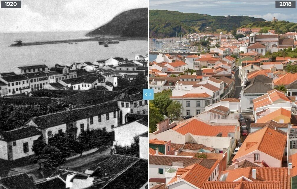 Vista histórica y moderna de un pueblo costero con arquitectura tradicional y un puerto.