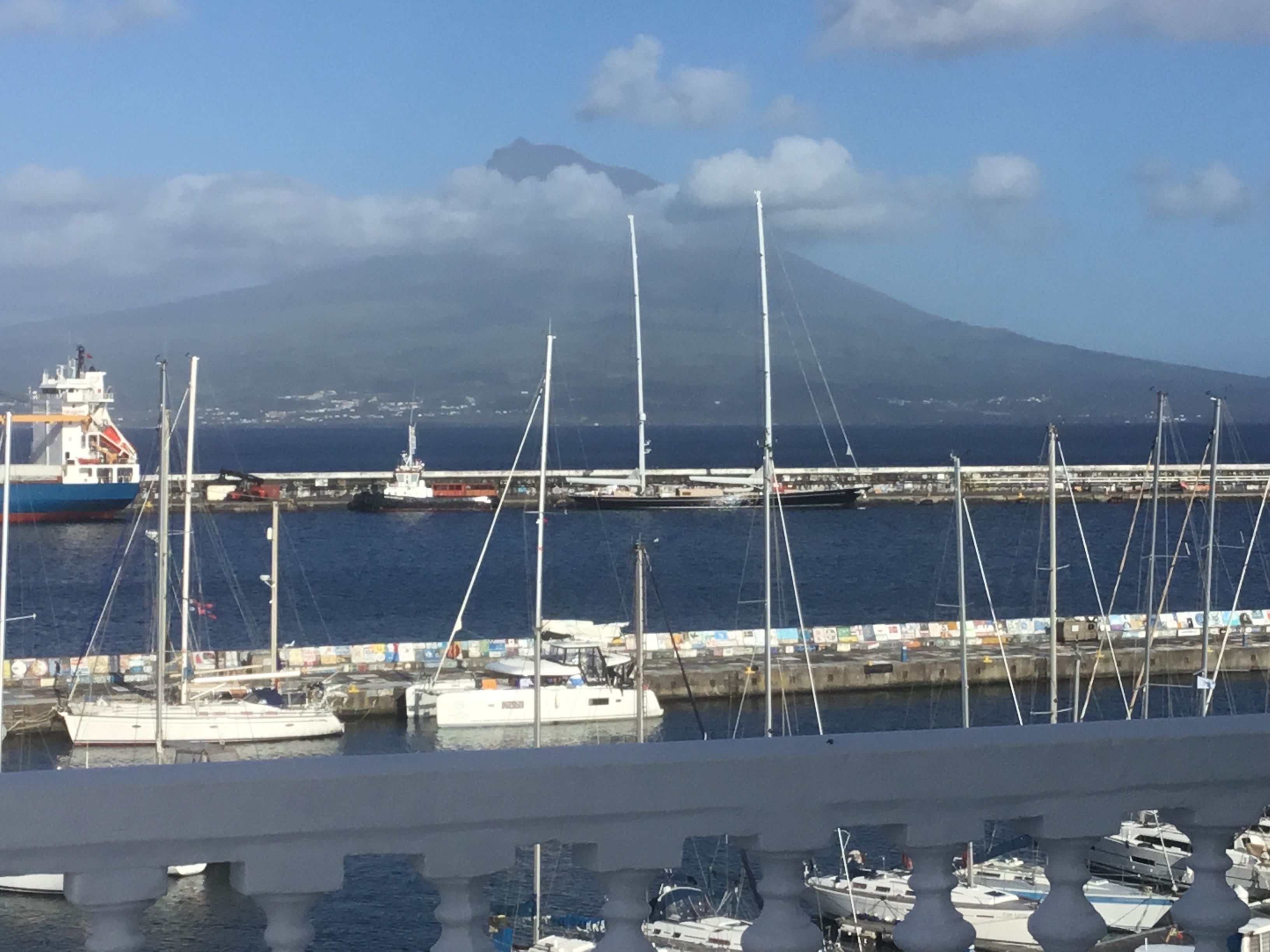 A marina with boats docked, a ferry, and a mountain in the background.