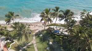 A resort with a beach, palm trees, and a pool area. - Cabarete Beach Front Houses A8.  TOP LOCATION IN CABARETE (Cabarete)