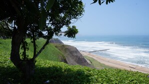 A coastal landscape with a beach, ocean waves, and a tree in the foreground. - Beautiful turist apartment with BALCONY AND OCEAN VIEWS.  max. 8 persons. (Miraflores)