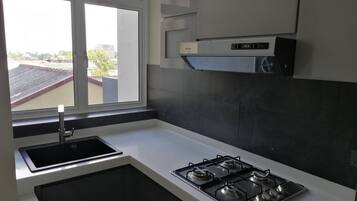 A modern kitchen with a gas stove, a sink, and a window overlooking a residential area.