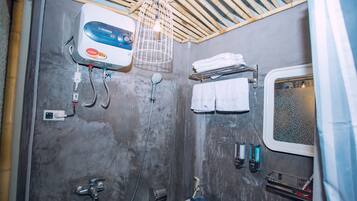 Hair dryer, towels, soap, shampoo