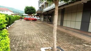 Ein gepflasterter Weg mit Baumschale, einem roten Auto und einem Gebäude mit Kachelfassade.