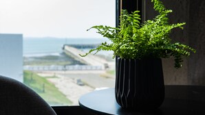Una planta en maceta sobre una mesa, junto a una ventana con vista al litoral.