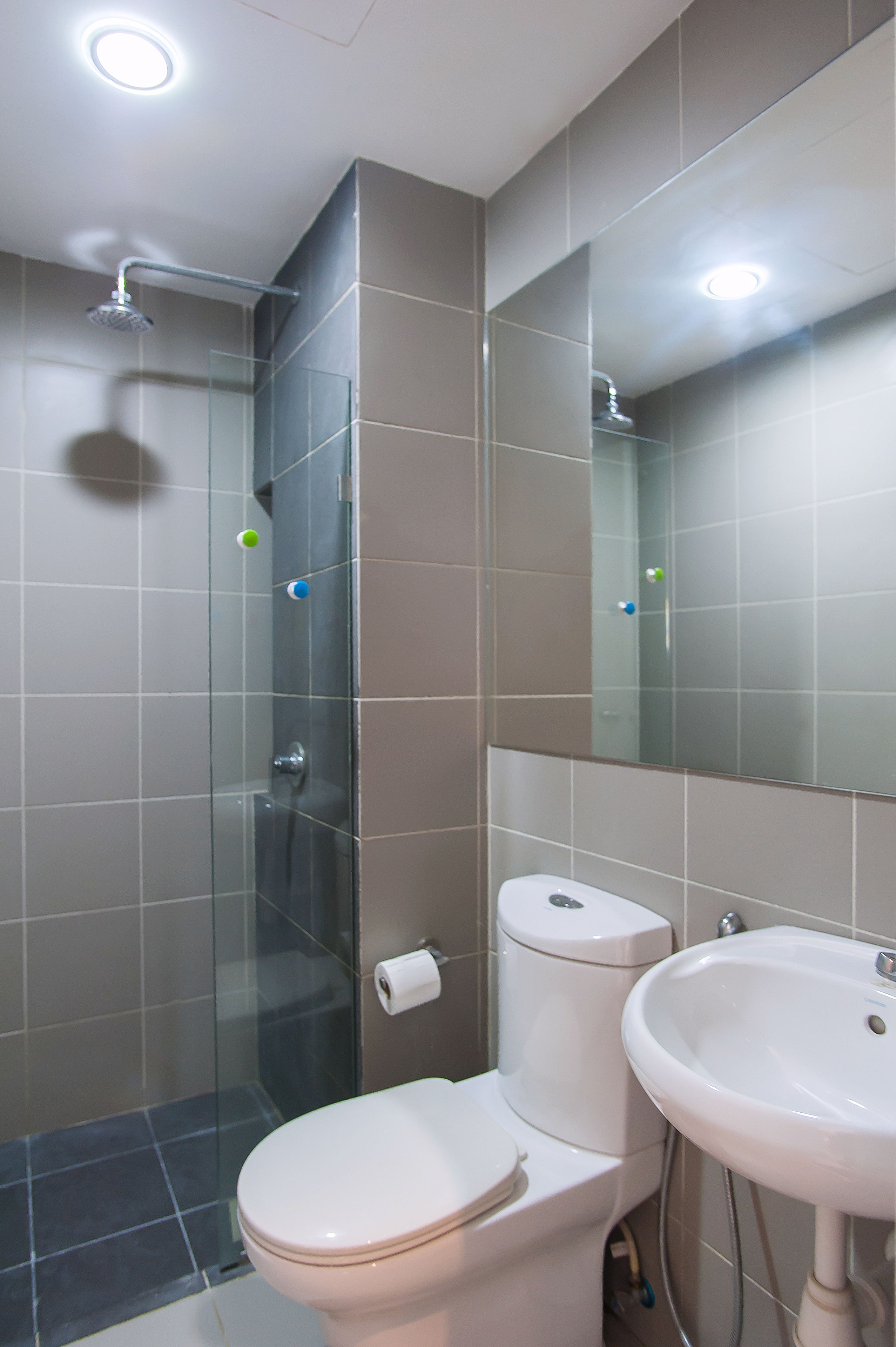 A modern bathroom with a glass shower enclosure, a toilet, and a sink.