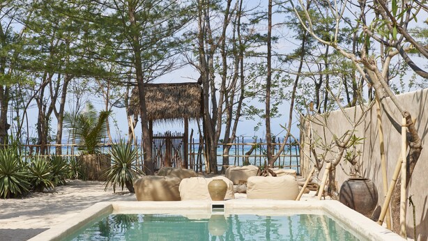 Uma área de piscina com estrutura de palha, rodeada por plantas tropicais e uma praia de areia.