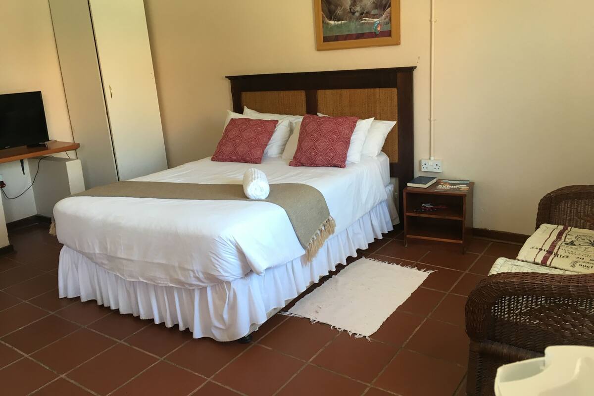 A neatly arranged hotel room with a large bed, a bedside table with a lamp, a television on a stand, and a wicker chair.