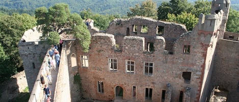 Un antiguo edificio de piedra con un patio central, rodeado por un muro alto y un sendero para visitantes.