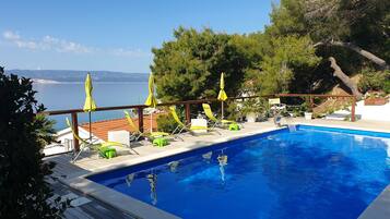 Outdoor pool, a heated pool, pool umbrellas, pool loungers