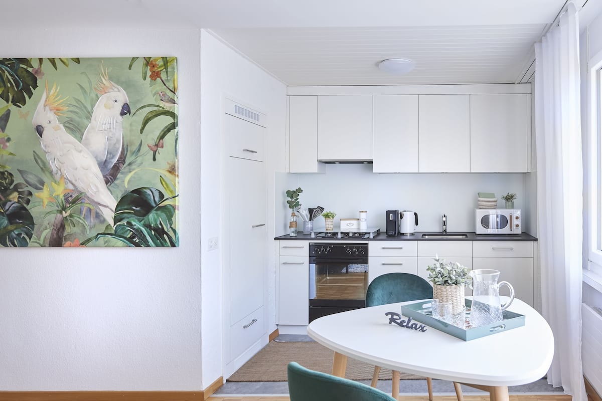 classic apartment, 1 bedroom, kitchen, city view | private kitchen | full-sized fridge, microwave, oven, stovetop