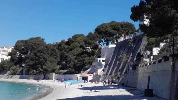 Ein Strand mit blauem Himmel, sandigem Ufer und einigen entspannten Personen. Im Hintergrund sind Gebäude und Bäume zu sehen.
