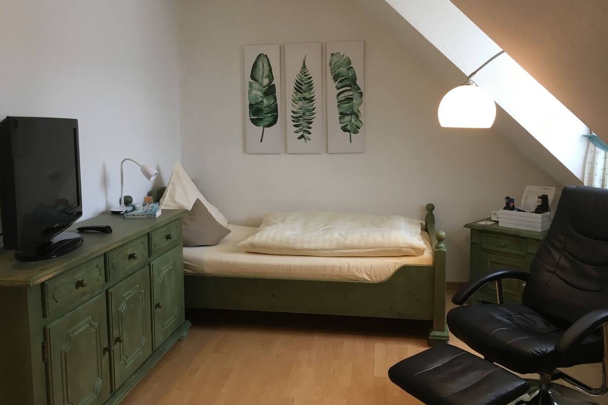 A bedroom with a bed, a TV, a desk, a chair, and three leaf paintings on the wall.