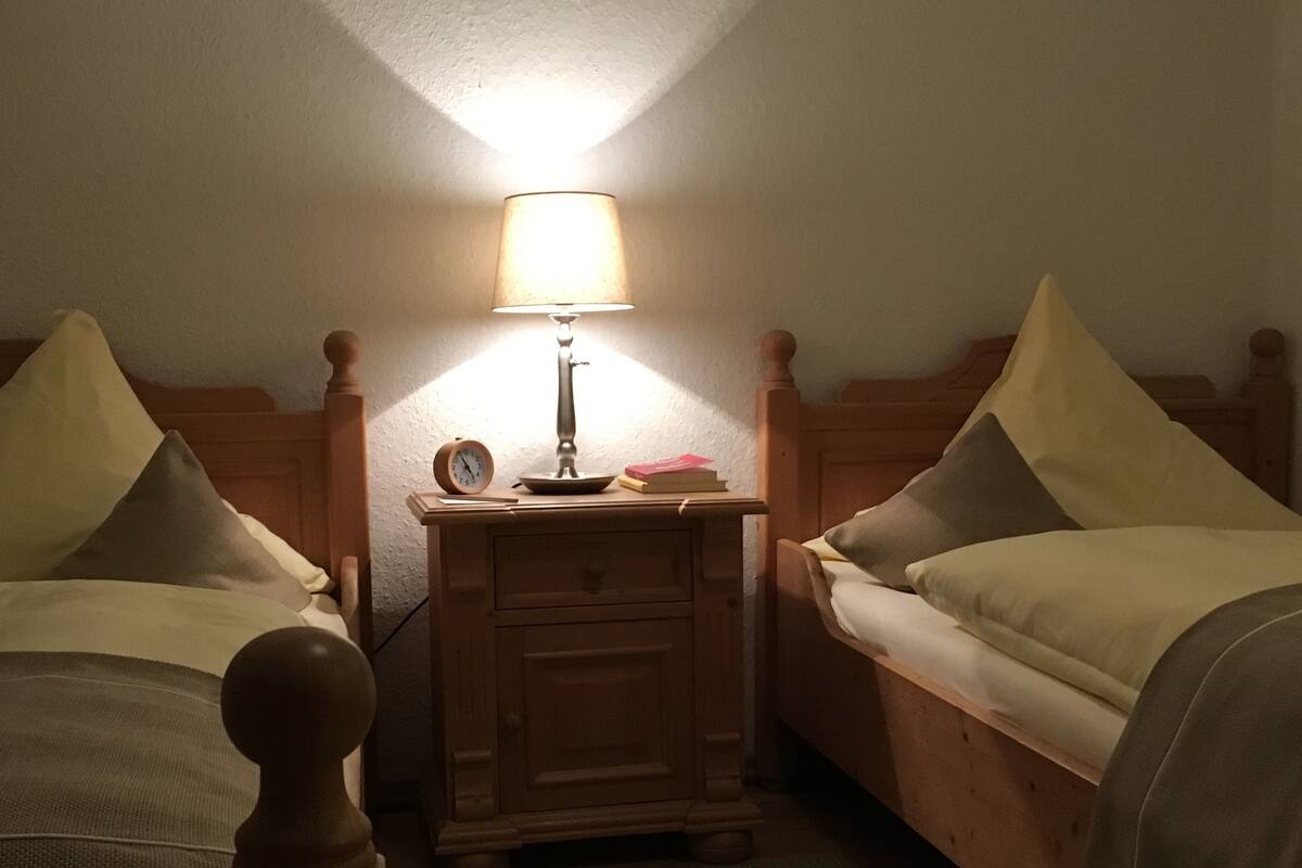 A small, cozy bedroom with two single beds, a nightstand with a lamp, and a clock.