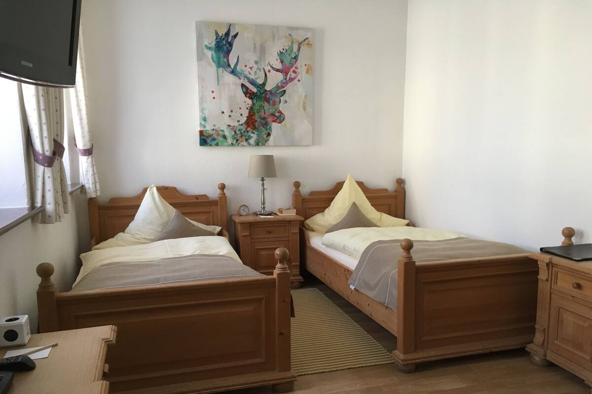 A hotel room with two wooden beds, a bedside table with a lamp, a small desk with a chair, and a wall-mounted TV.