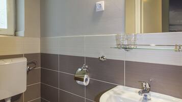 A bathroom with a toilet, sink, and mirror.