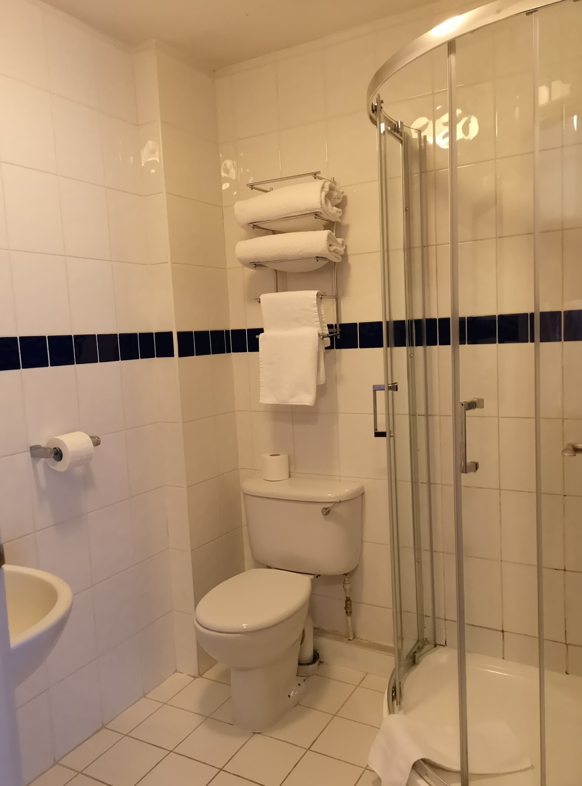 Een badkamer met een toilet, een douchecabine en een handdoekrek met handdoeken.