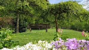 A park with a wooden bench surrounded by lush greenery and flowering plants. - Hotel Berghof (Nieheim)