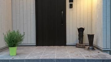 A modern entrance with a dark wooden door, a green potted plant, and a wall-mounted light fixture.