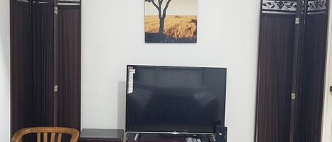 A room with a television on a wooden stand, a desk, a chair, and two dark-colored doors.