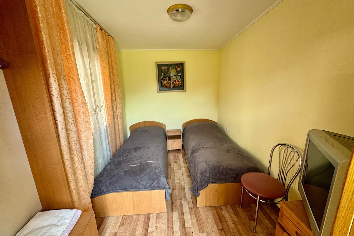 A small room with two single beds, a wooden floor, a television, and a chair.