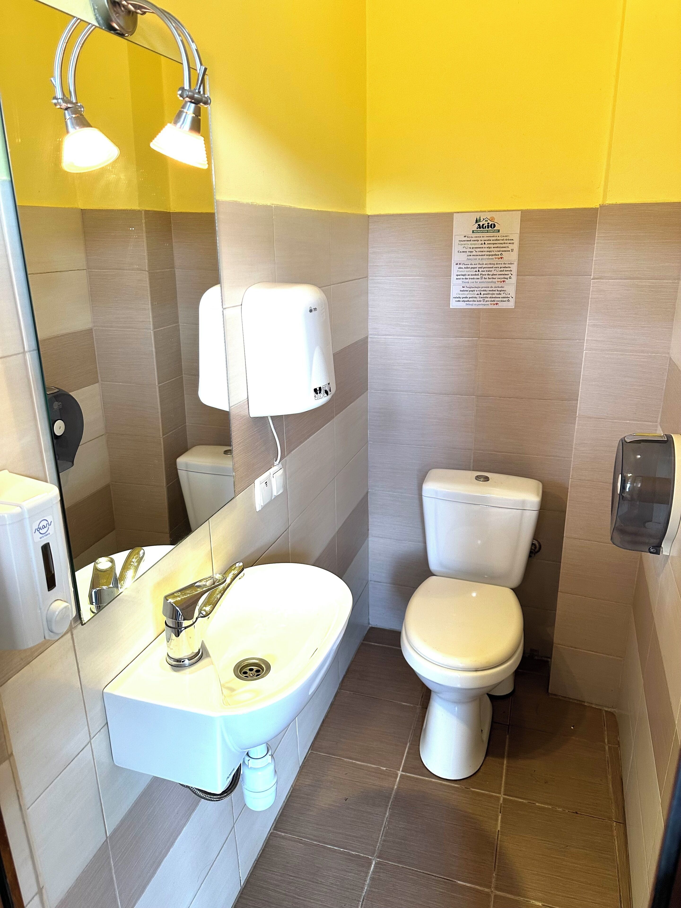 A bathroom with a sink, mirror, two handheld showerheads, a toilet, and a hand dryer.