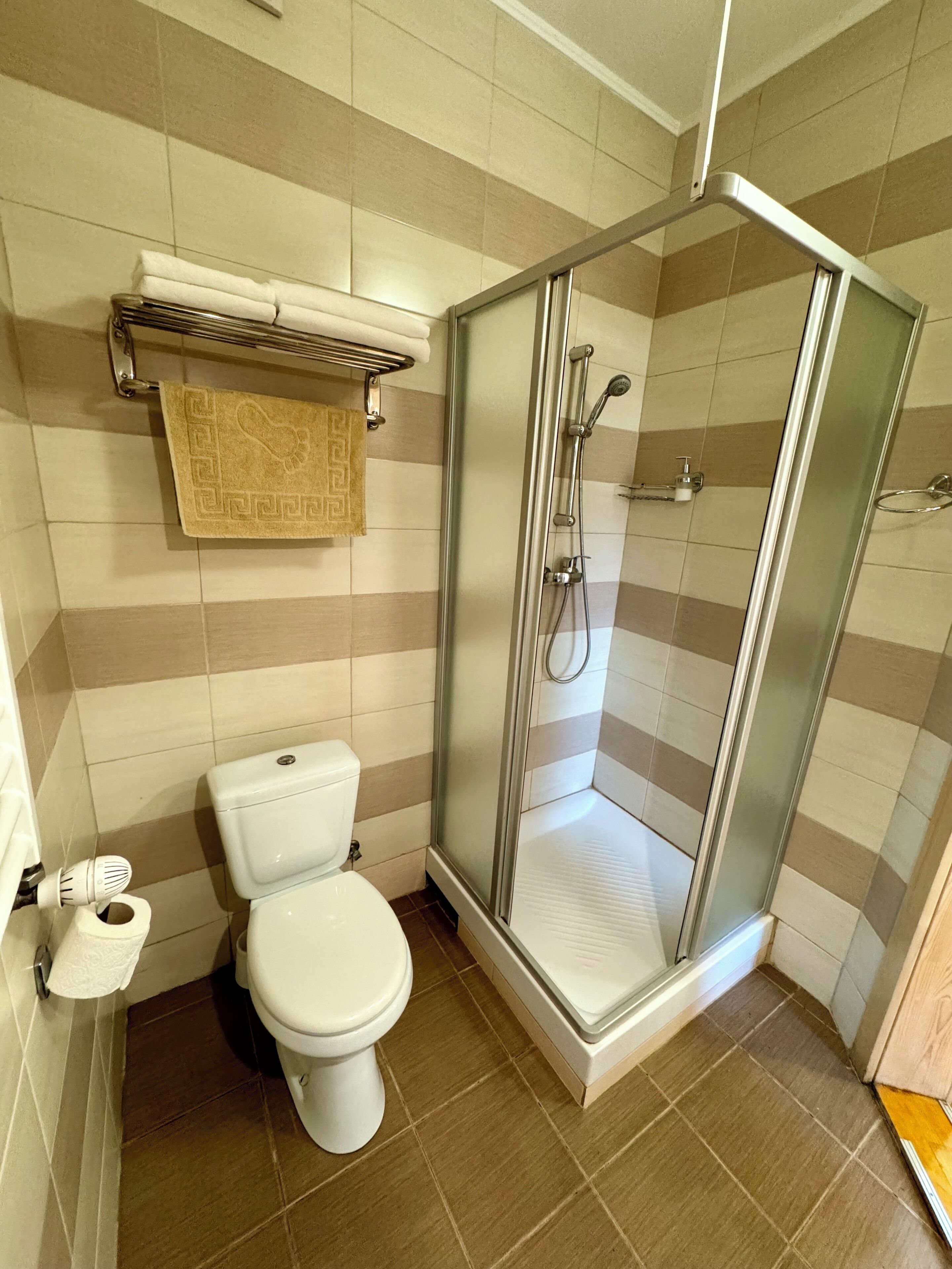 A bathroom with a toilet, a shower with a glass door, and a towel rack with a patterned towel.