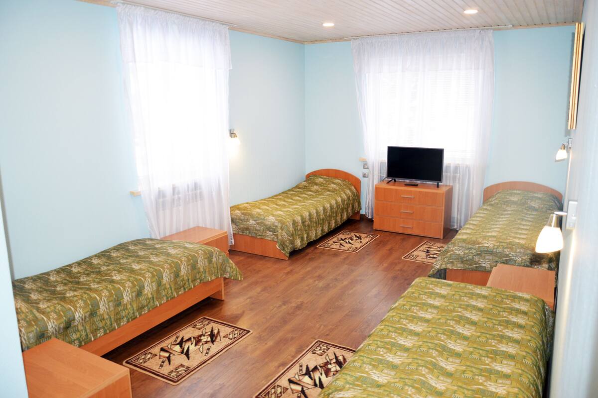 A room with four single beds, a TV on a wooden dresser, and a mirror on the wall.