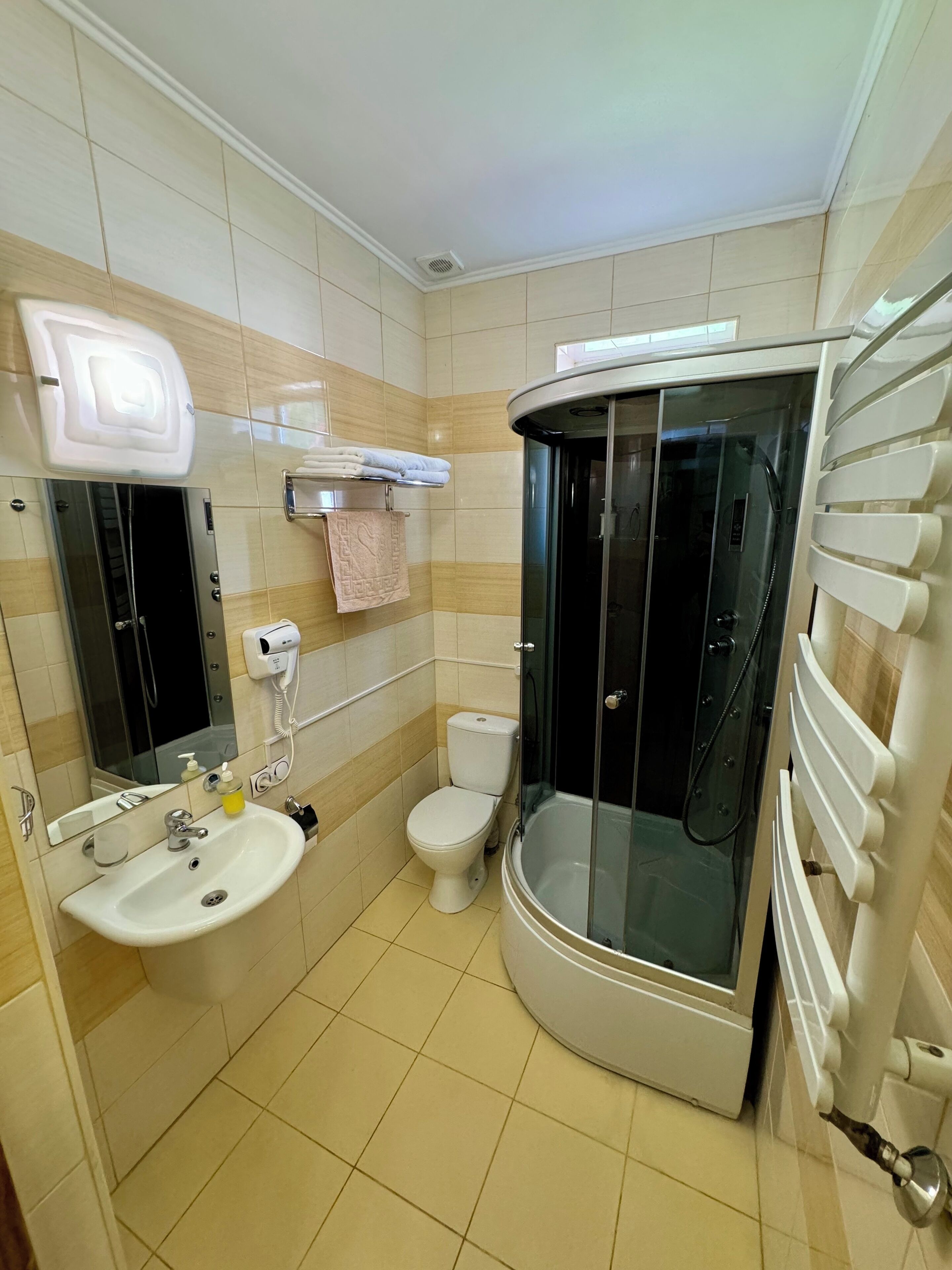 A bathroom with a toilet, sink, and a glass-enclosed shower stall.