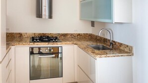Cocina moderna con estufa a gas, horno, campana de acero inoxidable, encimera de granito y pileta integrada.