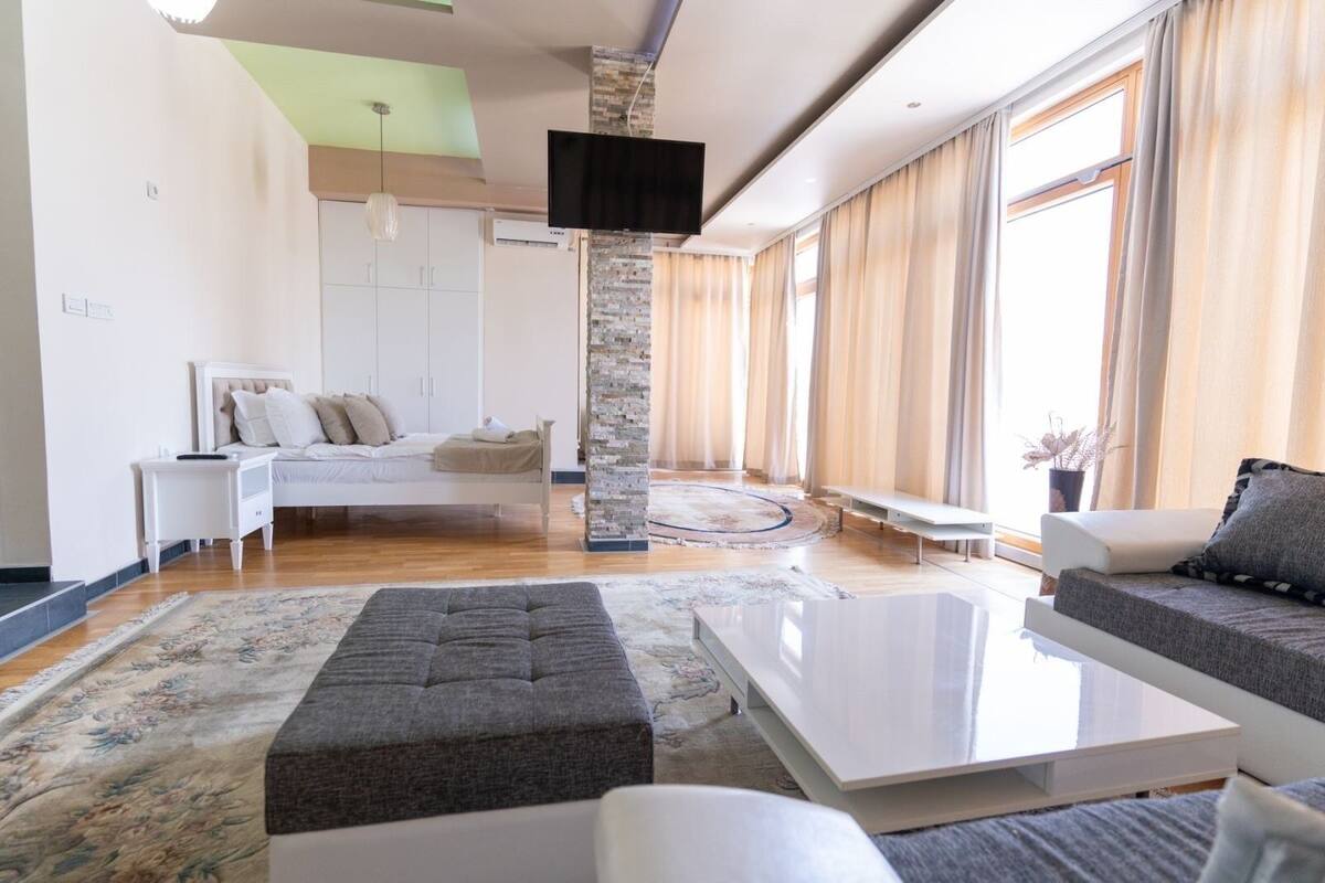 Una sala de estar moderna con sofá, una mesa de centro y una cama con cabecera.