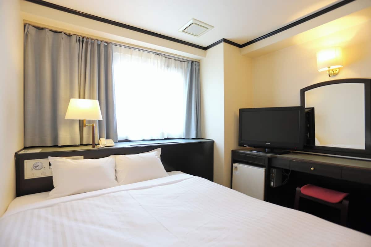 A hotel room with a bed, a desk with a television, a chair, and a window with curtains.