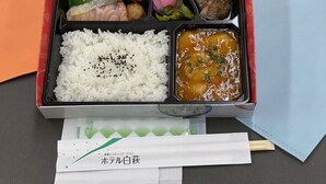 Une boîte à bento contenant du riz, de la viande, des légumes et une sauce.