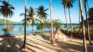 Ein Strand mit Palmen, einem Sandbereich und einem Zelt.