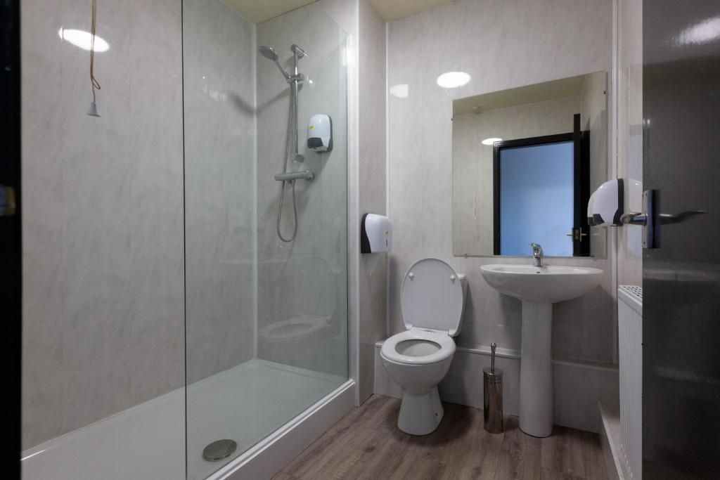 A modern bathroom with a glass shower enclosure, a toilet, and a sink.