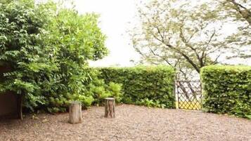 A gravel pathway leading to a building with a wooden fence and green hedges.