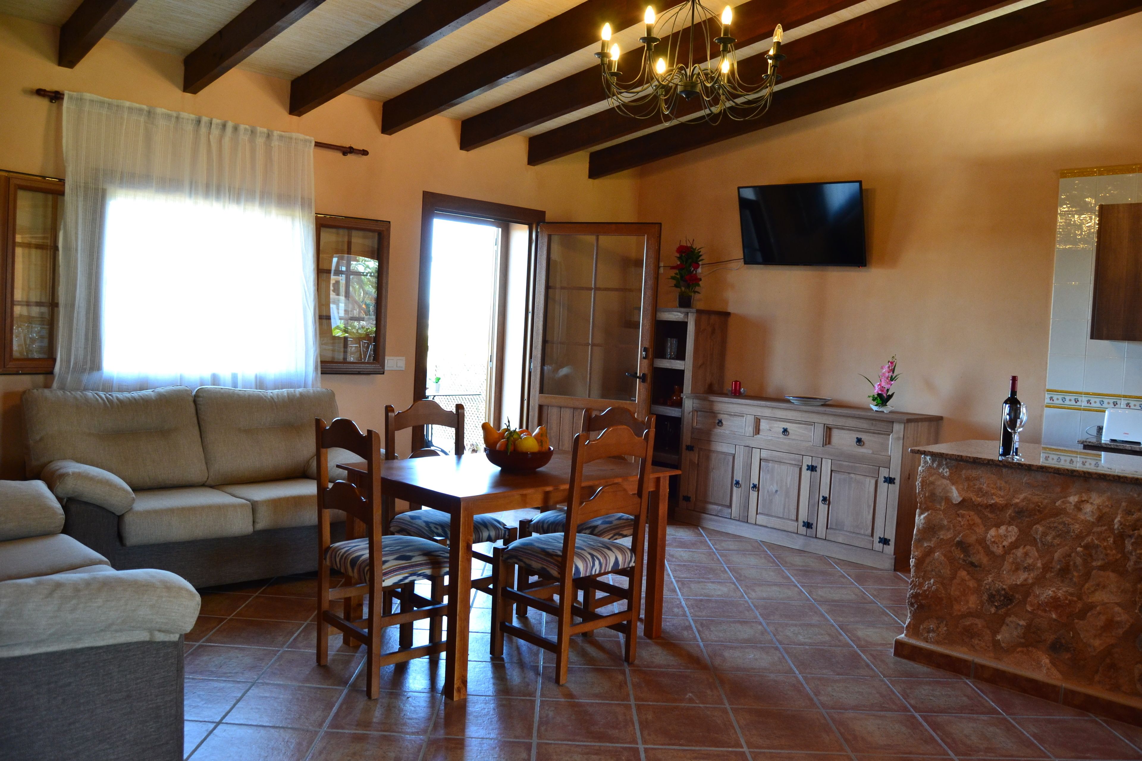 A living room with a sofa, dining table, chairs, a TV, and a kitchen area with cabinets and a stone counter.