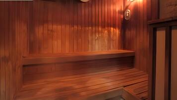 A wooden sauna with a bench and steps leading up to it.