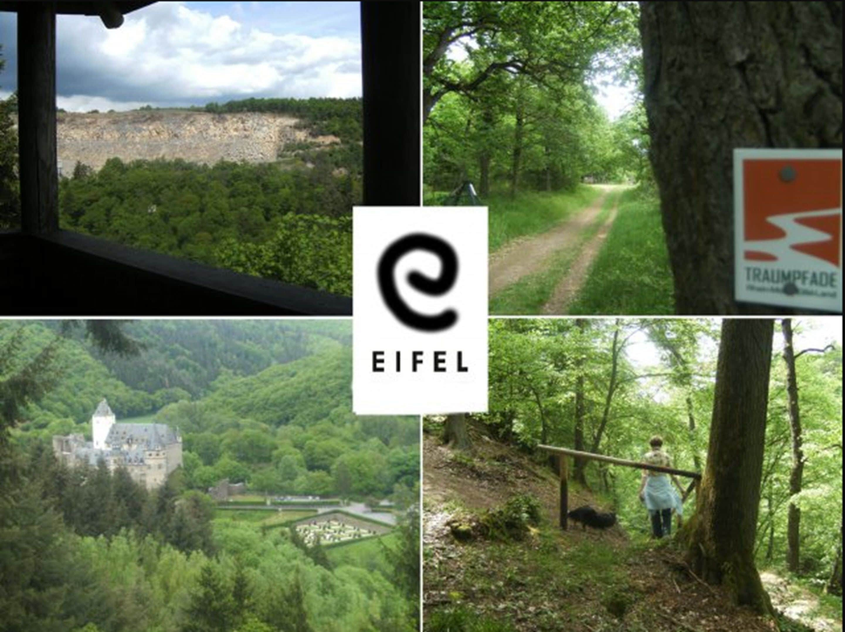 Un collage de cuatro escenas: una vista de un acantilado, un sendero en un bosque, un castillo rodeado de vegetación y una persona caminando por un área boscosa.