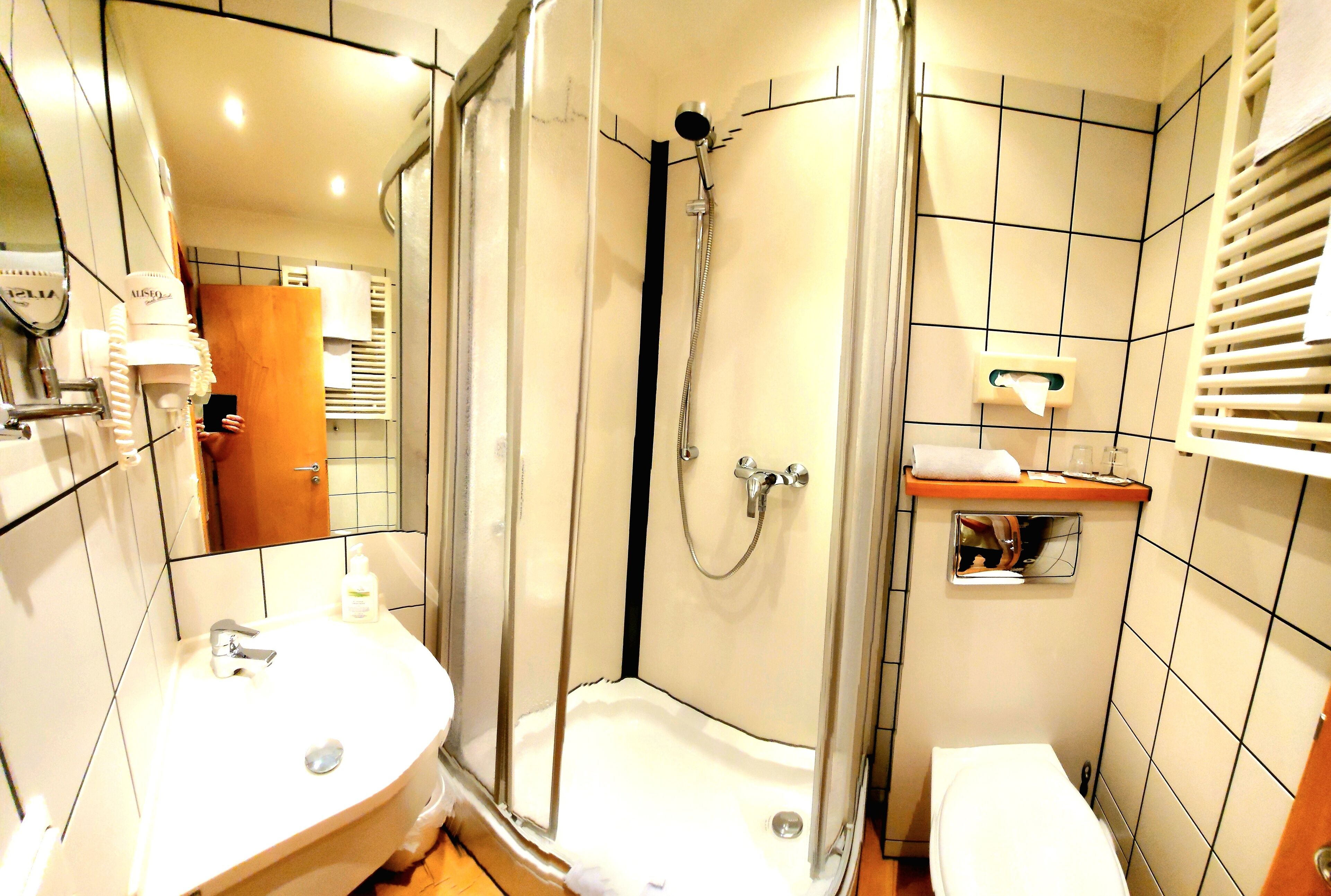A modern bathroom with a glass-enclosed shower, a white sink, and a toilet.