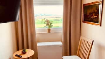 A room with a window, a radiator, a chair, a small table with a plant, and a TV mounted on the wall.