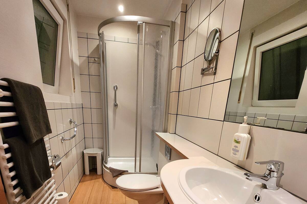 Een moderne badkamer met douche, toilet en wastafel.