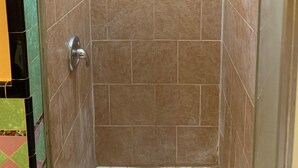 Un espace douche avec un mur carrelé et une porte.