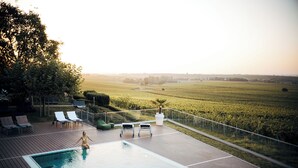 A pool area with a view of a vineyard, lounge chairs, and a deck. - Leinsweiler Hof (Leinsweiler)