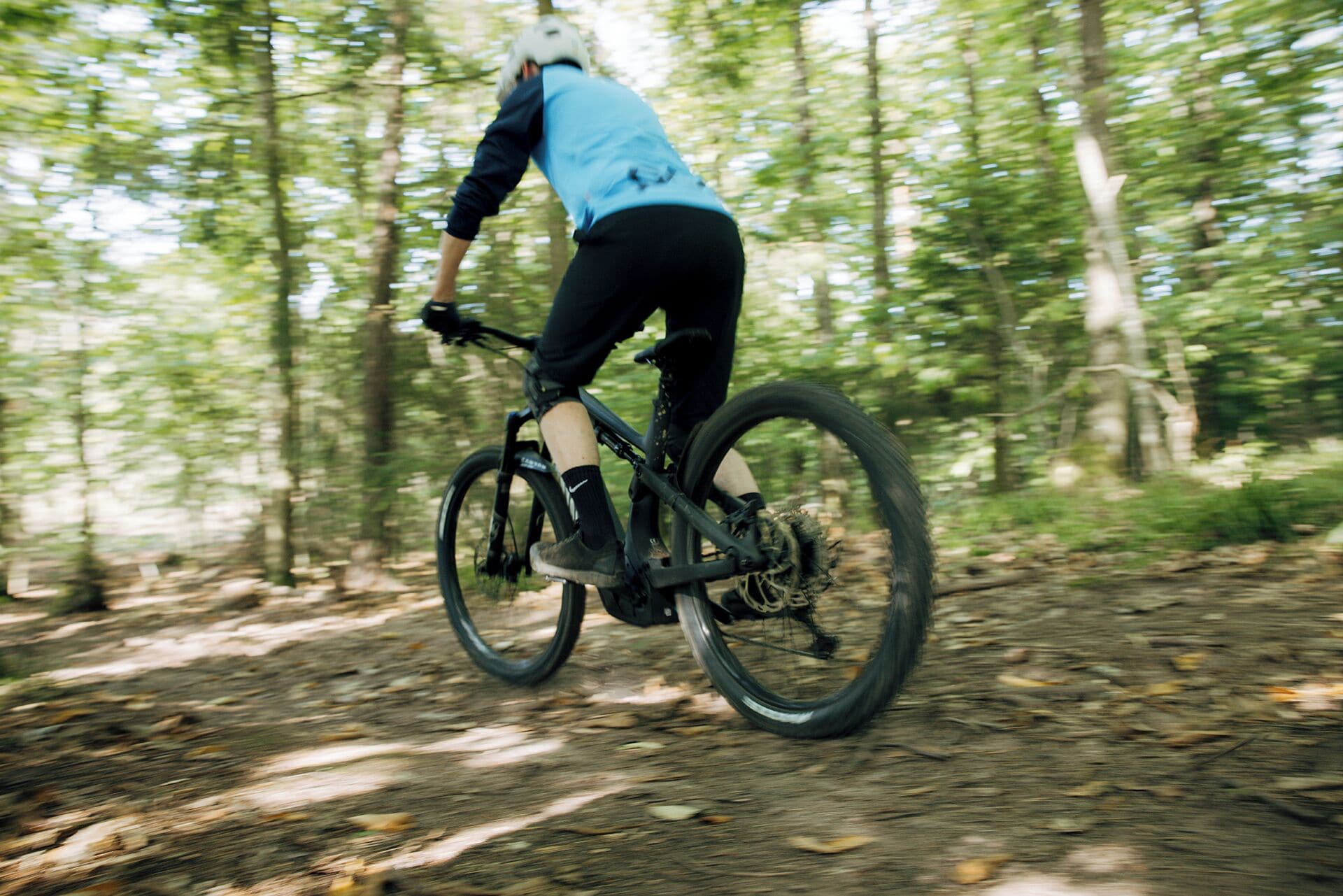 Eine Person fährt mit einem Mountainbike auf einem Waldweg.
